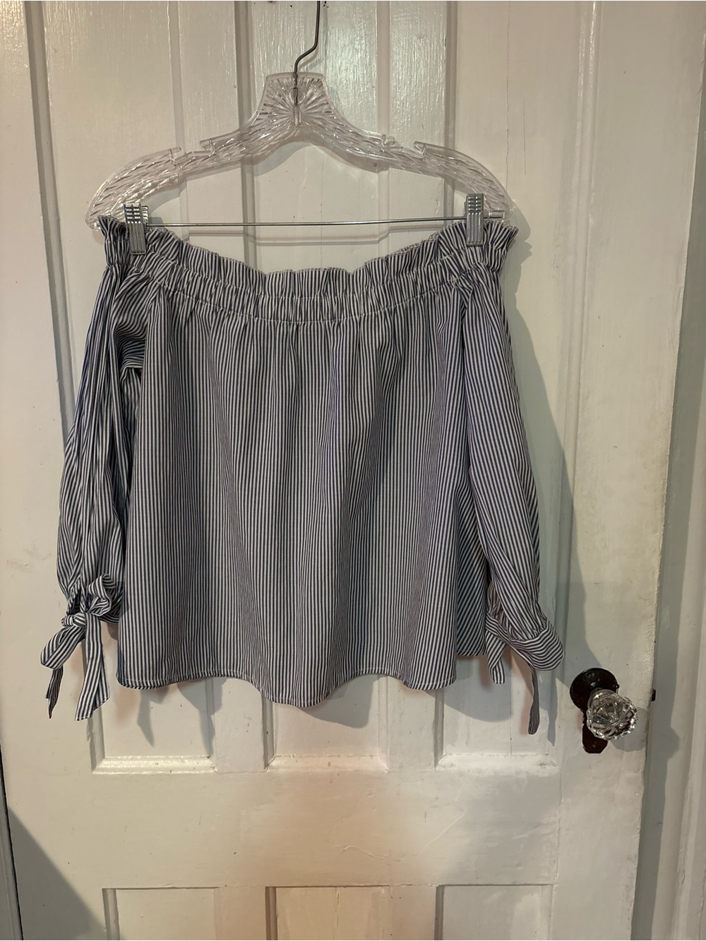 American Eagle Outfitters Blue and White Striped Off-Shoulder Top